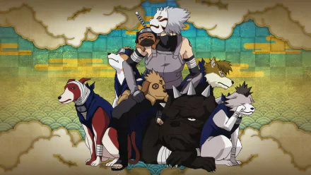 HD desktop wallpaper featuring Kakashi Hatake from the anime Naruto in his Anbu uniform, surrounded by his ninja dogs against a stylized background.