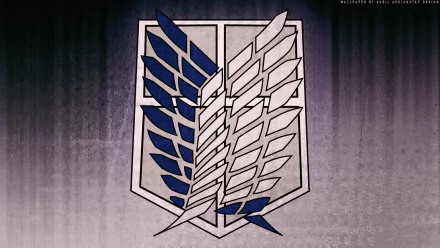 HD desktop wallpaper featuring the Scouting Legion emblem from the anime Attack on Titan. The emblem showcases two overlapping wings, one blue and the other white, on a dark gradient background.