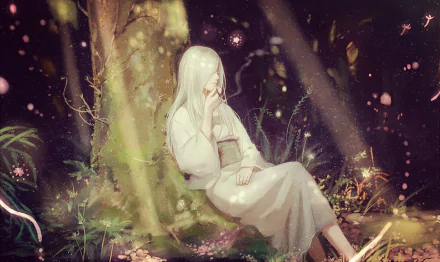A serene HD wallpaper from the anime Mushishi, featuring a tranquil scene of a character sitting peacefully in a forest with ethereal, glowing elements surrounding them.