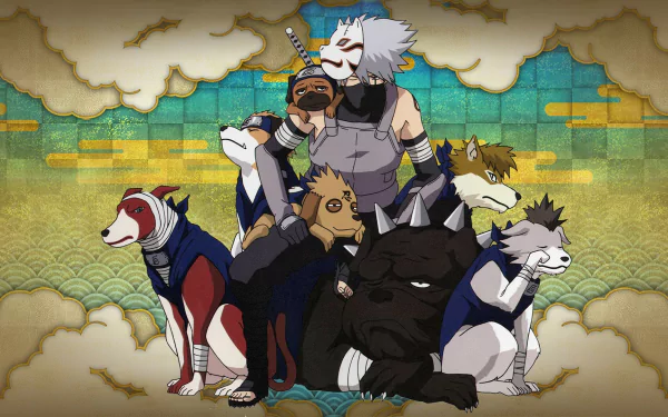 HD desktop wallpaper featuring Kakashi Hatake from the anime Naruto in his Anbu uniform, surrounded by his ninja dogs against a stylized background.