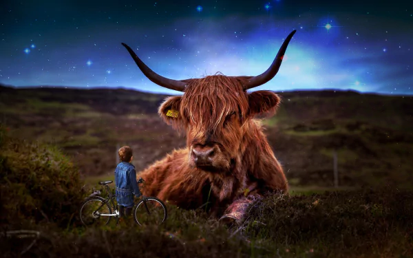 A surreal HD desktop wallpaper showing a little boy with a bicycle standing in a field, facing a giant bull under a starry night sky, created through Photoshop manipulation.