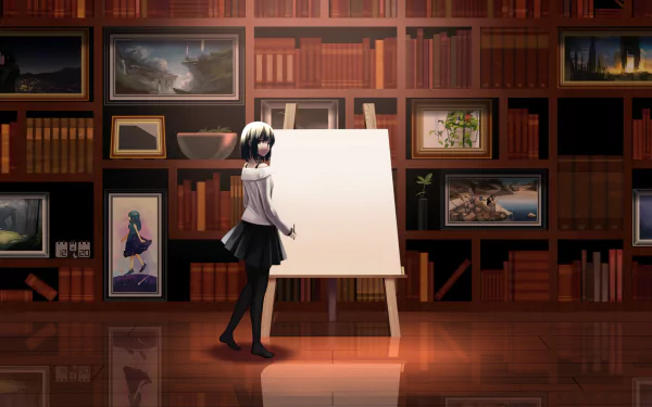 HD anime desktop wallpaper featuring a girl standing beside a blank canvas in a warmly lit library filled with books and framed artwork.