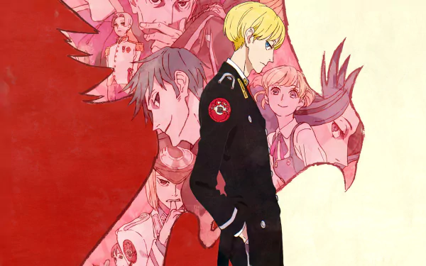 Anime-style HD PC desktop wallpaper of ACCA: 13-ku Kansatsu-ka characters, featuring a blond man in a black uniform standing in front of a red and beige collage background.