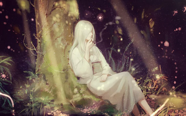 A serene HD wallpaper from the anime Mushishi, featuring a tranquil scene of a character sitting peacefully in a forest with ethereal, glowing elements surrounding them.
