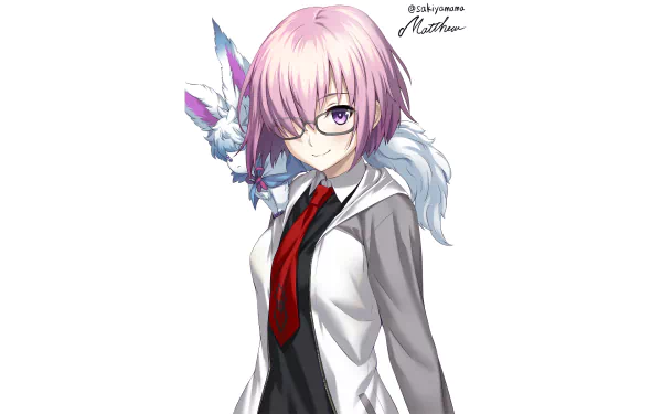 HD desktop wallpaper featuring Shielder from Fate/Grand Order, showcasing an anime character with pink hair, glasses, and a gray and red outfit, with an animal companion on the shoulder.