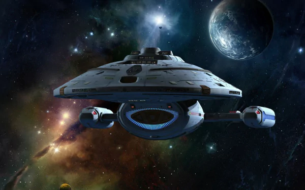 HD PC desktop wallpaper featuring the Star Trek: Voyager starship traveling through space with a planet and stars in the background, from the Star Trek TV show.