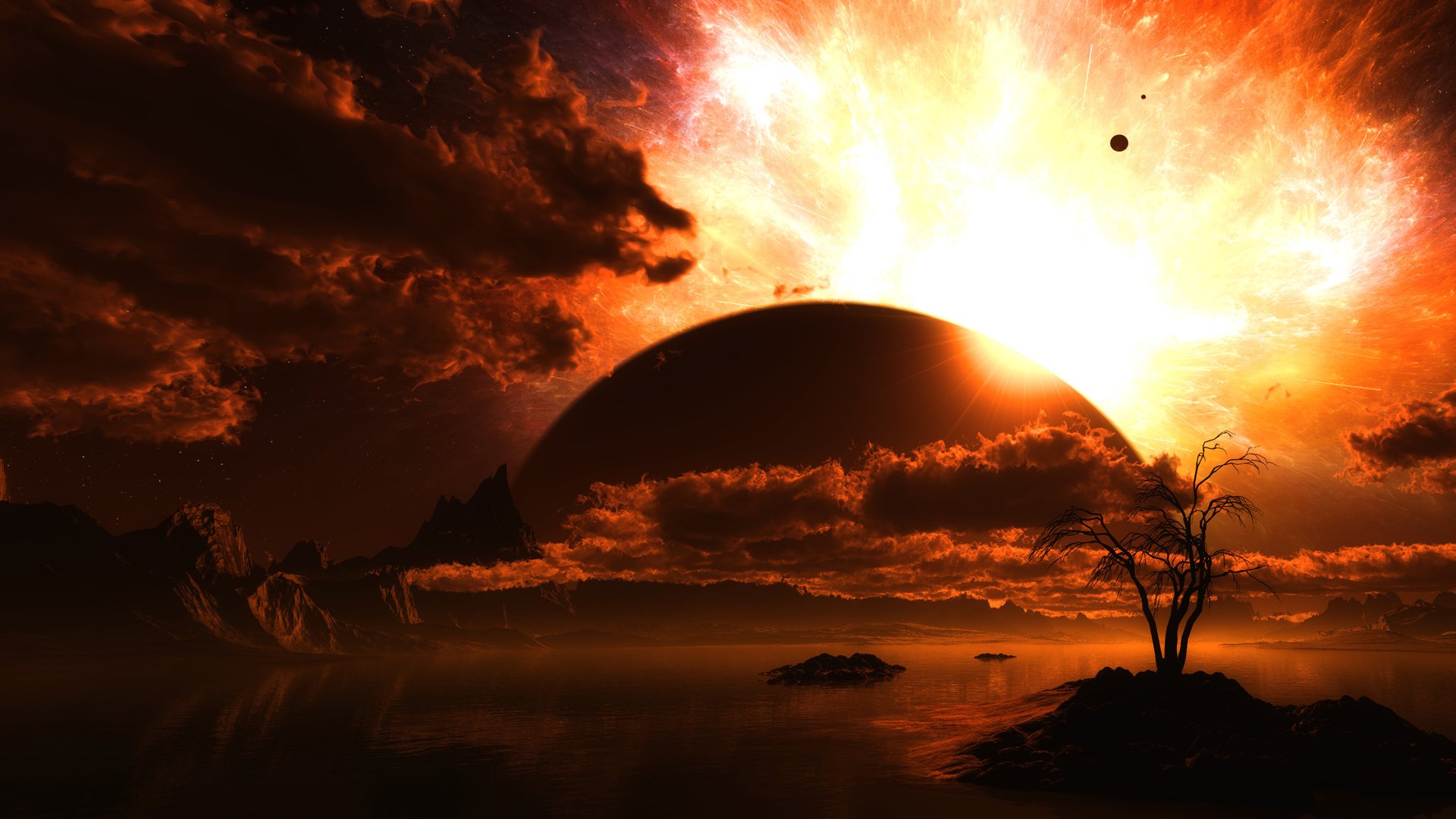HD desktop wallpaper of a Sci-Fi landscape featuring an orange sky, cloud formations, a lake, and a planet rising in the background, creating a stunning, otherworldly scene.