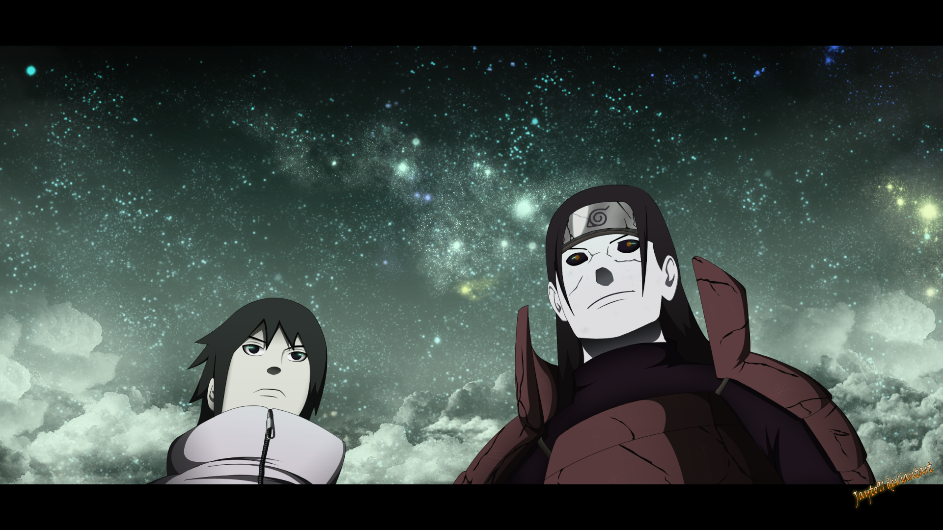 HD anime wallpaper featuring Sasuke Uchiha and Hashirama Senju from Naruto, set against a starry night sky background.