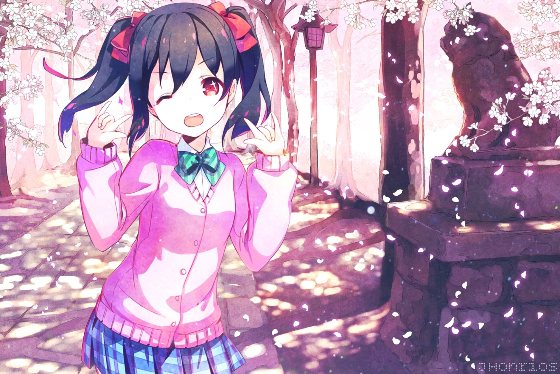 HD desktop wallpaper featuring Nico Yazawa from Love Live!, set in a serene, sakura-filled environment. Nico is winking and posing cheerfully, surrounded by falling cherry blossoms and warm sunlight.