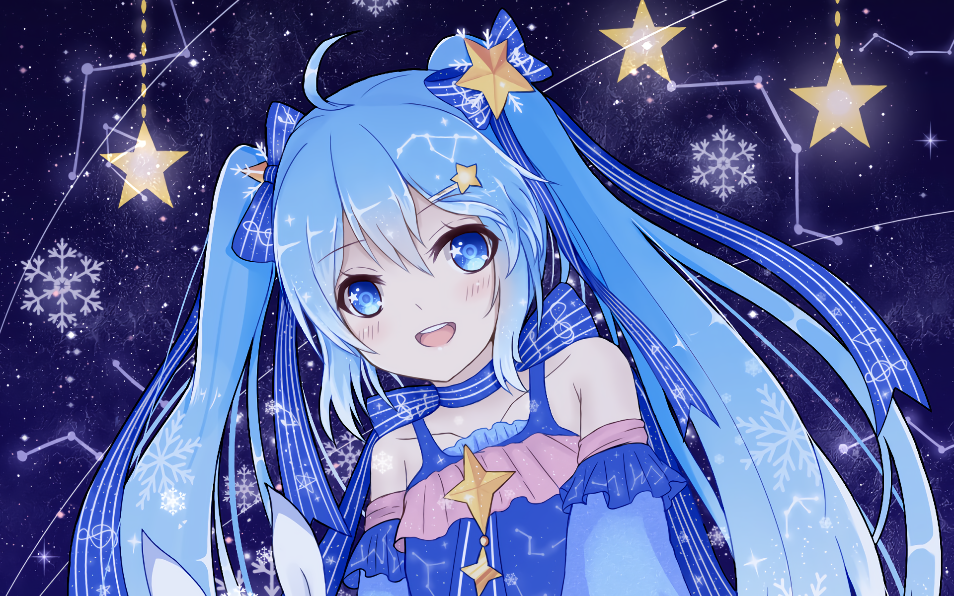 HD PC desktop wallpaper featuring Hatsune Miku, the iconic anime Vocaloid, with blue twin-tails and a starry night background adorned with glowing stars and snowflakes.