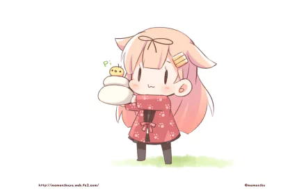 Chibi Yuudachi (Kancolle) in a pink kimono holding a kagami mochi — cute anime Kantai Collection HD PC desktop wallpaper and background on a soft white field.