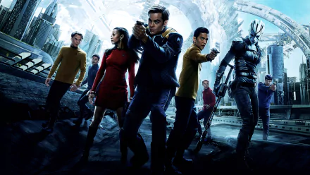 HD PC wallpaper featuring Chris Pine as James T. Kirk, Zachary Quinto as Spock, and the Star Trek Beyond crew in action against a futuristic city backdrop.