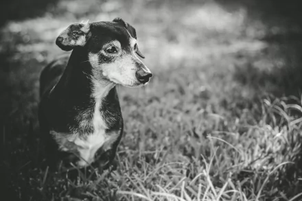 Black and white HD desktop wallpaper of a dachshund puppy standing in the grass, showcasing the baby animal's attentive expression.
