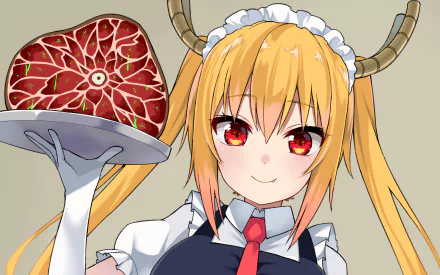 Anime character Tohru from Miss Kobayashi's Dragon Maid holds a large piece of meat on a plate, wearing a maid outfit with horns on her head. This HD wallpaper is tagged for Miss Kobayashi's Dragon Maid.