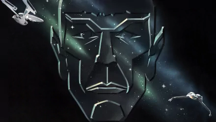 HD desktop wallpaper featuring imagery from the movie Star Trek III: The Search for Spock, showcasing a stylized face and spaceships against a cosmic background.