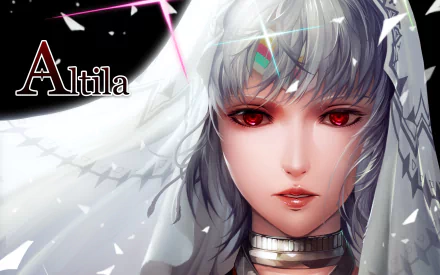 HD PC desktop wallpaper featuring Attila from the anime Fate/Grand Order, showcasing detailed artwork with striking red eyes and silver hair.