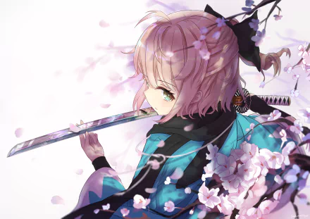 HD desktop wallpaper featuring Sakura Saber (Okita Souji) from Fate/Grand Order, depicted in anime style holding a katana amidst cherry blossoms.