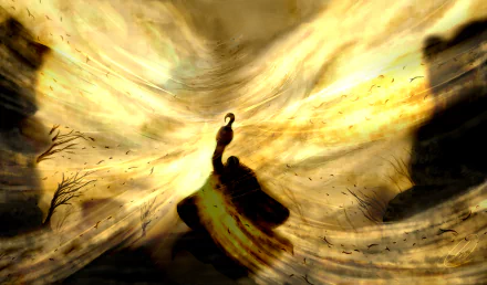 HD desktop wallpaper featuring Crocodile from the anime One Piece, depicting a dramatic scene with swirling golden and yellow hues in the background.