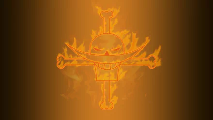 This HD wallpaper features a fiery emblem from the anime One Piece, depicting a grinning skull with a curved mustache crossed by bones, set against a gradient background.