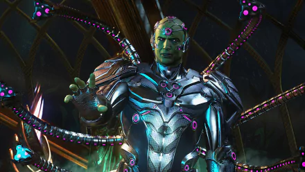 HD desktop wallpaper featuring Brainiac from the video game Injustice 2, portrayed in intricate cybernetic armor with tentacle-like appendages in a dark futuristic setting.