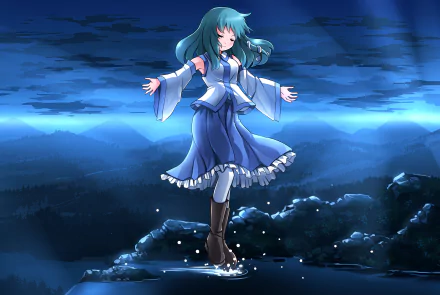 Sanae Kochiya (Touhou) anime HD PC desktop wallpaper and background: Sanae in a blue shrine dress stands on glowing water with arms outstretched beneath a moonlit sky.
