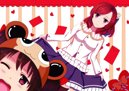 HD PC desktop wallpaper featuring Maki Nishikino from the anime Love Live! with a playful red and white background accented by heart motifs and scattered envelopes.