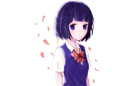 HD desktop wallpaper featuring Hanabi Yasuraoka from the anime Kuzu no Honkai. She is depicted with a pensive expression, surrounded by red petals against a white background.