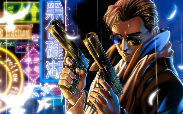 HD PC desktop wallpaper featuring an intense anime scene from Black Lagoon, showcasing a character holding two guns against vibrant neon city lights.