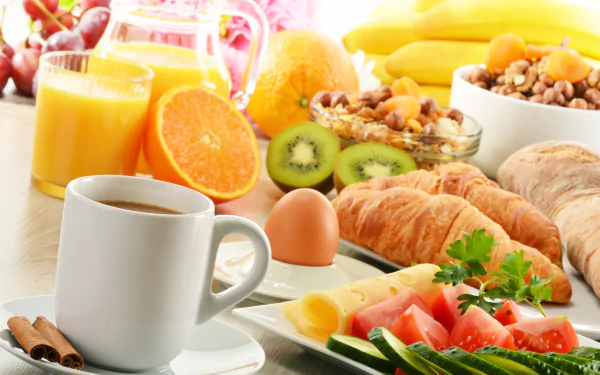 cereal glass croissant orange (Fruit) juice cinnamon cup coffee still life food breakfast HD Desktop Wallpaper | Background Image