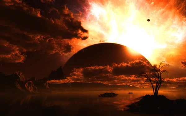 HD desktop wallpaper of a Sci-Fi landscape featuring an orange sky, cloud formations, a lake, and a planet rising in the background, creating a stunning, otherworldly scene.