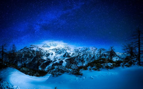 Earth Night Nature Winter Snow Sky Stars Starry Sky Mountain Landscape Blue HD Wallpaper | Background Image