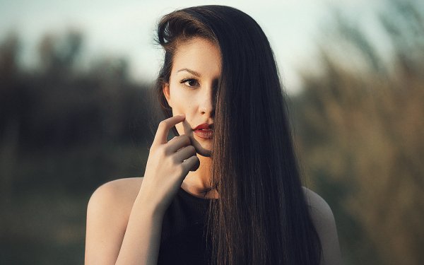 Women Model Brunette Brown Eyes Lipstick Hair HD Wallpaper | Background Image