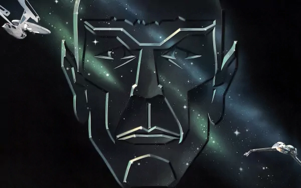 HD desktop wallpaper featuring imagery from the movie Star Trek III: The Search for Spock, showcasing a stylized face and spaceships against a cosmic background.