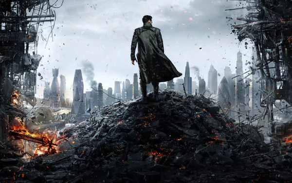 HD PC desktop wallpaper of a Star Trek Into Darkness scene, featuring a lone figure standing amid ruins with a futuristic city skyline in the background.