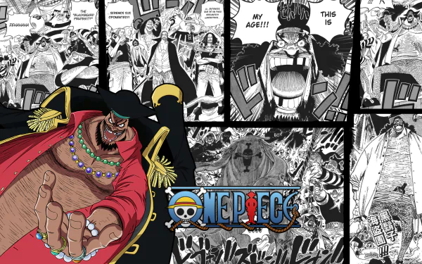 HD desktop wallpaper of Marshall D. Teach from the anime One Piece, featuring a collage of manga panels and the One Piece logo in the center.