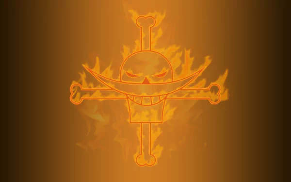 This HD wallpaper features a fiery emblem from the anime One Piece, depicting a grinning skull with a curved mustache crossed by bones, set against a gradient background.