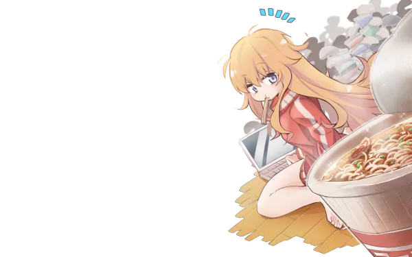 HD anime wallpaper featuring Gabriel Tenma White from Gabriel DropOut, sitting on the floor with a large steaming cup of instant noodles beside her.
