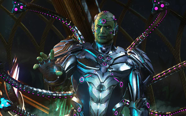 HD desktop wallpaper featuring Brainiac from the video game Injustice 2, portrayed in intricate cybernetic armor with tentacle-like appendages in a dark futuristic setting.