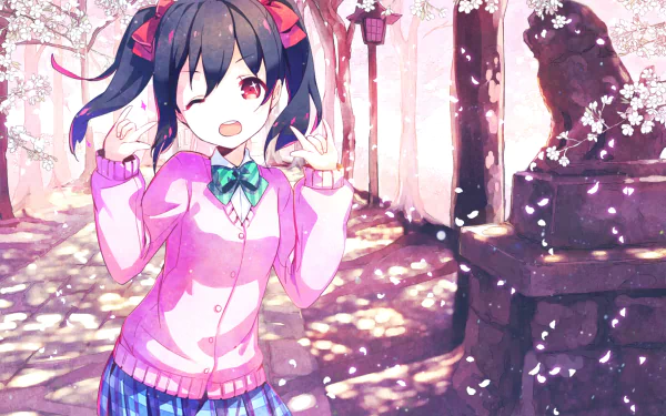 HD desktop wallpaper featuring Nico Yazawa from Love Live!, set in a serene, sakura-filled environment. Nico is winking and posing cheerfully, surrounded by falling cherry blossoms and warm sunlight.