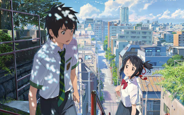 HD desktop wallpaper featuring Taki Tachibana and Mitsuha Miyamizu from the anime Your Name. They stand on an urban stairway with a cityscape in the background under a blue sky with white clouds.