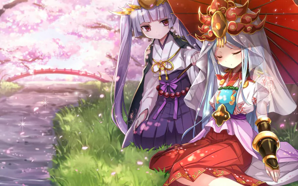 Anime-style Puzzle & Dragons HD desktop wallpaper featuring two characters in traditional attire under cherry blossoms with vibrant colors and detailed backgrounds.