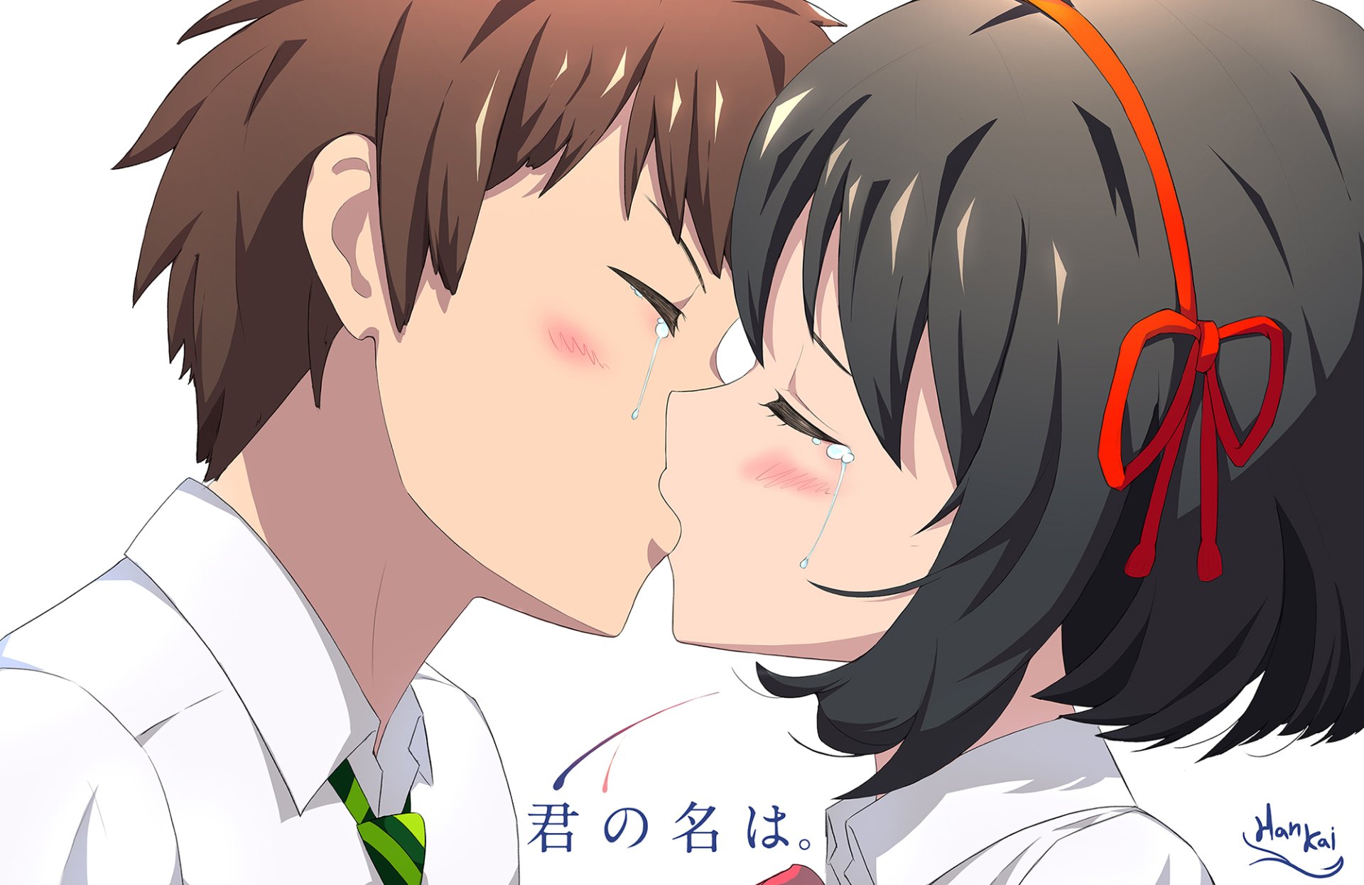 HD desktop wallpaper featuring Taki Tachibana and Mitsuha Miyamizu from the anime Your Name. They are sharing a kiss, with soft blushes on their cheeks against a white background.