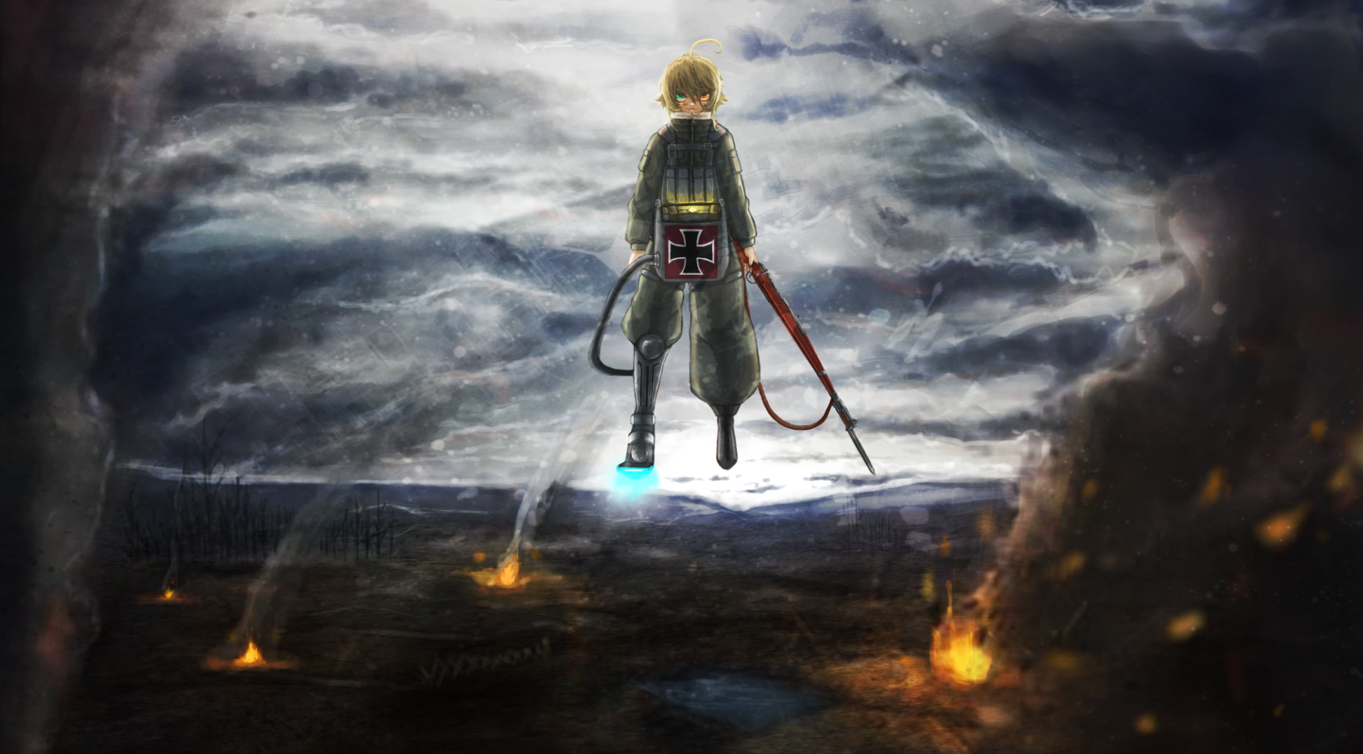 HD desktop wallpaper and background featuring Tanya Degurechaff from the anime Youjo Senki, set against a dramatic and fiery battlefield with a stormy sky overhead.