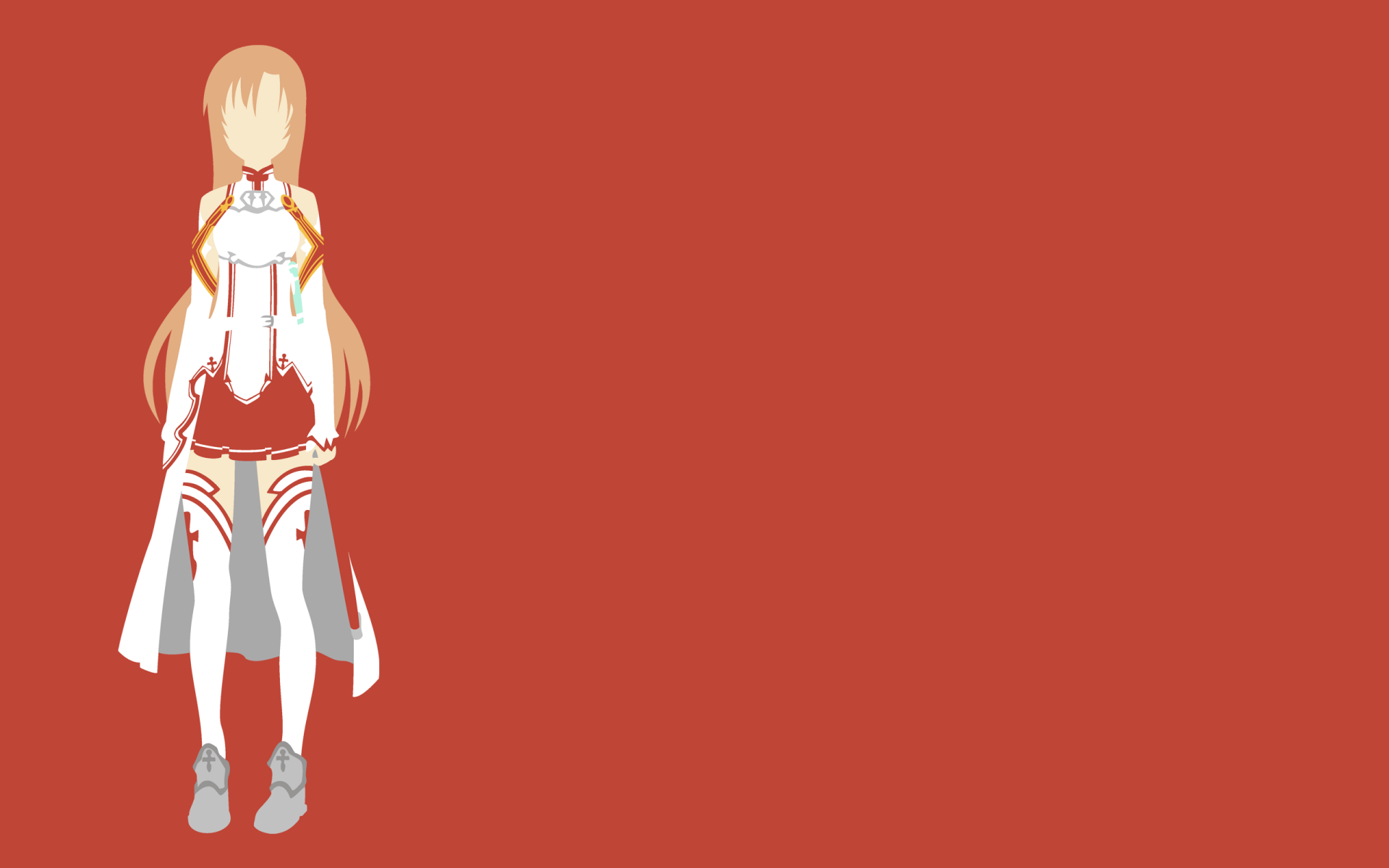 Minimalist anime 2K Quad HD PC desktop wallpaper: full-body, flat-color Asuna Yuuki (Sword Art Online) on a solid red background, positioned left with ample negative space.