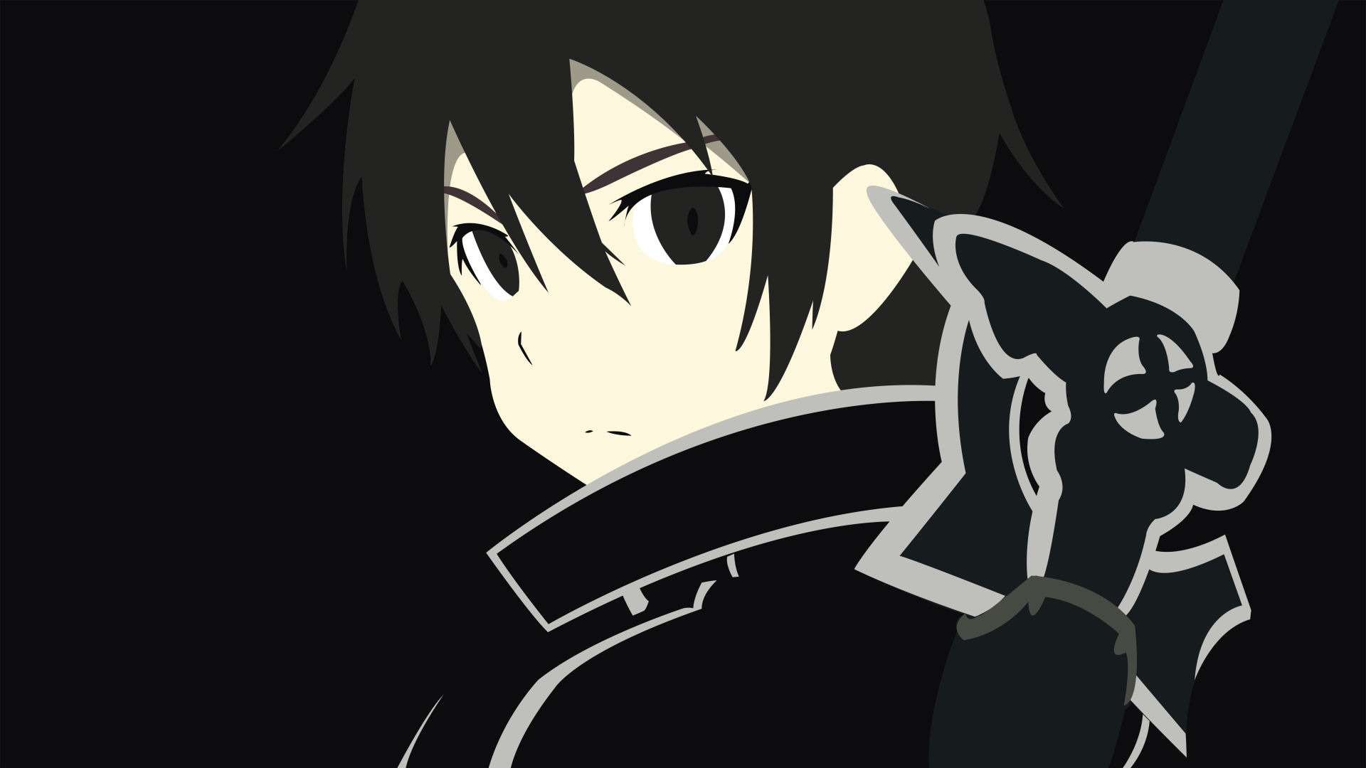 Minimalist HD desktop wallpaper featuring Kirito (Kazuto Kirigaya) from Sword Art Online, depicted in black and white anime style, with his characteristic dark attire and serious expression.