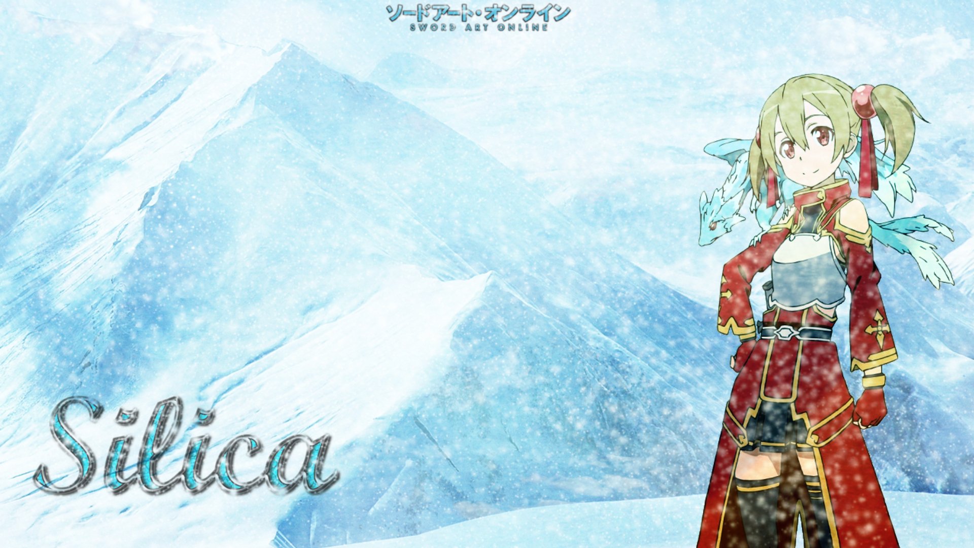 HD PC desktop wallpaper of Silica (Keiko Ayano) from Sword Art Online: anime character in red outfit standing before snowy mountains, with Silica text at lower-left.