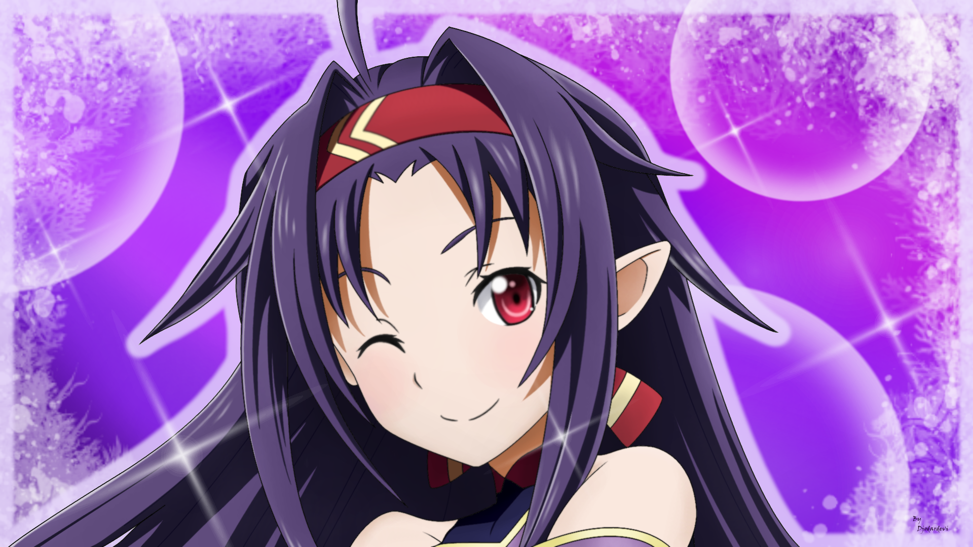 HD desktop wallpaper featuring Yuuki Konno from Sword Art Online II with a vibrant purple cosmic background in anime style.