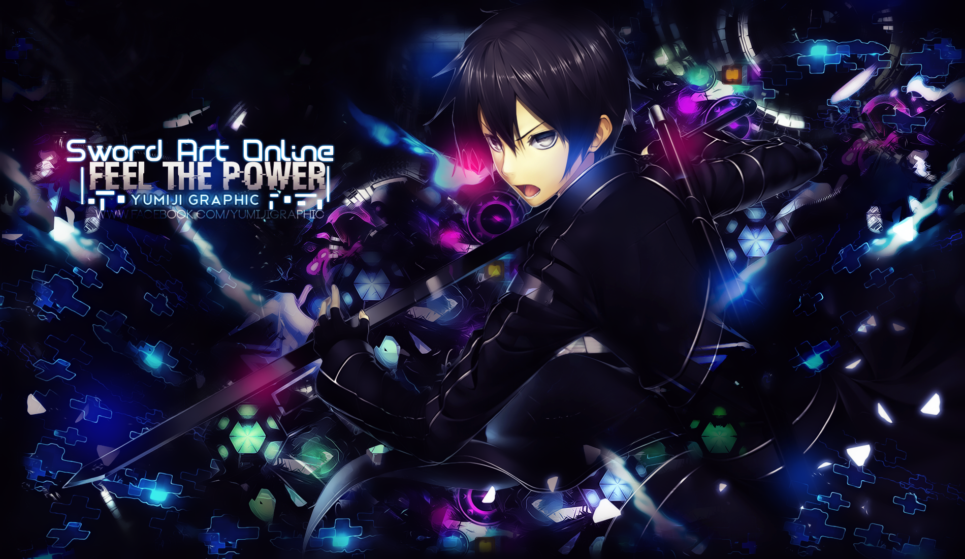 HD PC desktop wallpaper featuring Kazuto Kirigaya (Kirito) from Sword Art Online in dynamic anime style with vibrant blue and purple glowing effects.