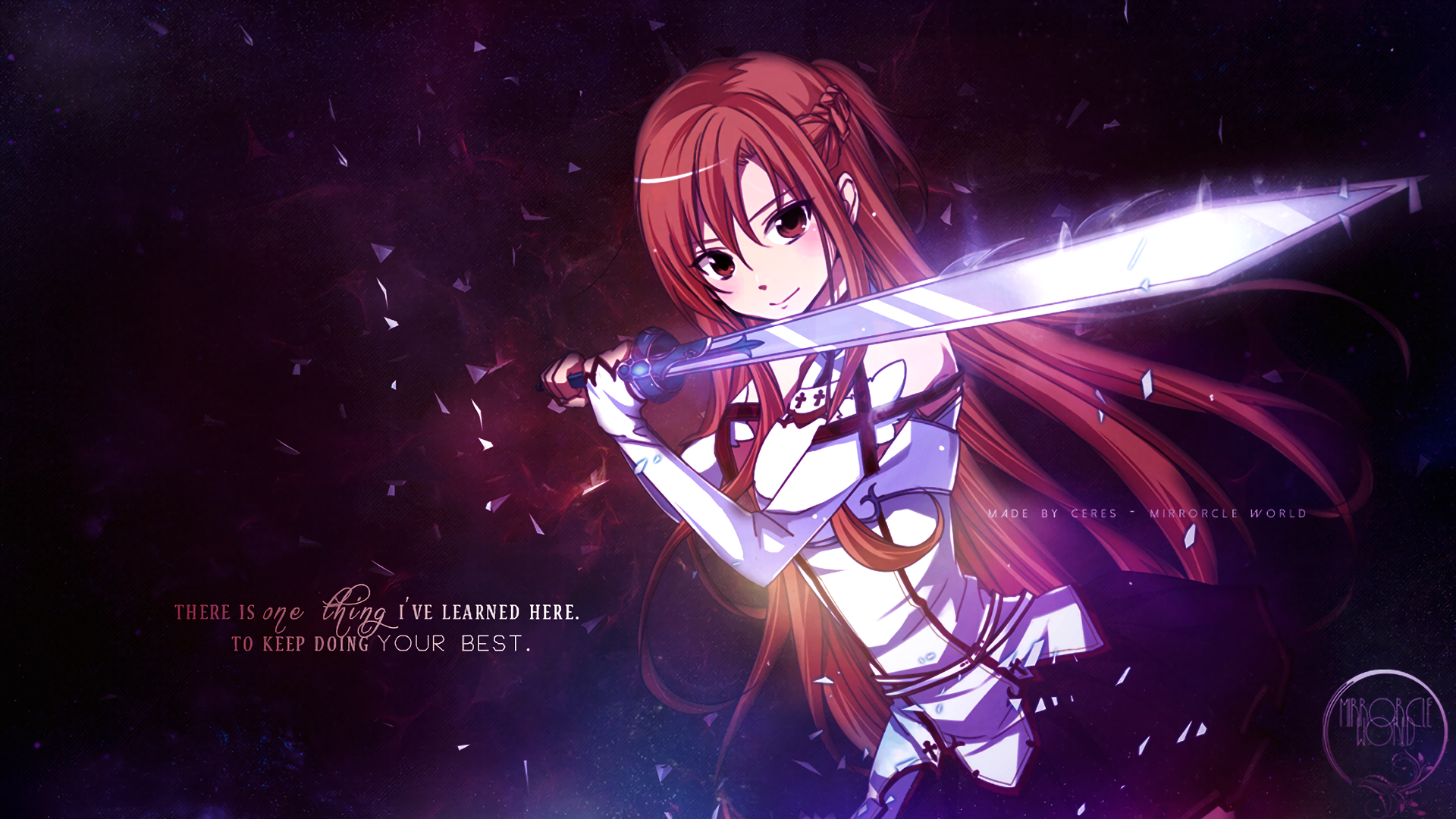 Asuna Yuuki from Sword Art Online wields a glowing sword in this HD anime desktop wallpaper, set against a dark, dynamic background with motivational text.