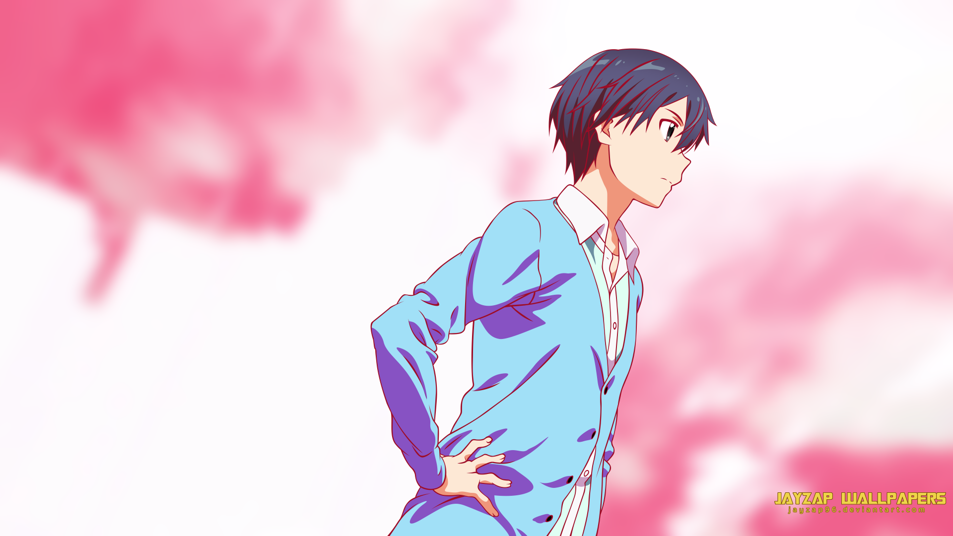 4K Ultra HD anime wallpaper of Kazuto Kirigaya (Kirito) from Sword Art Online, featuring vibrant pink and blue tones in a stylized background.